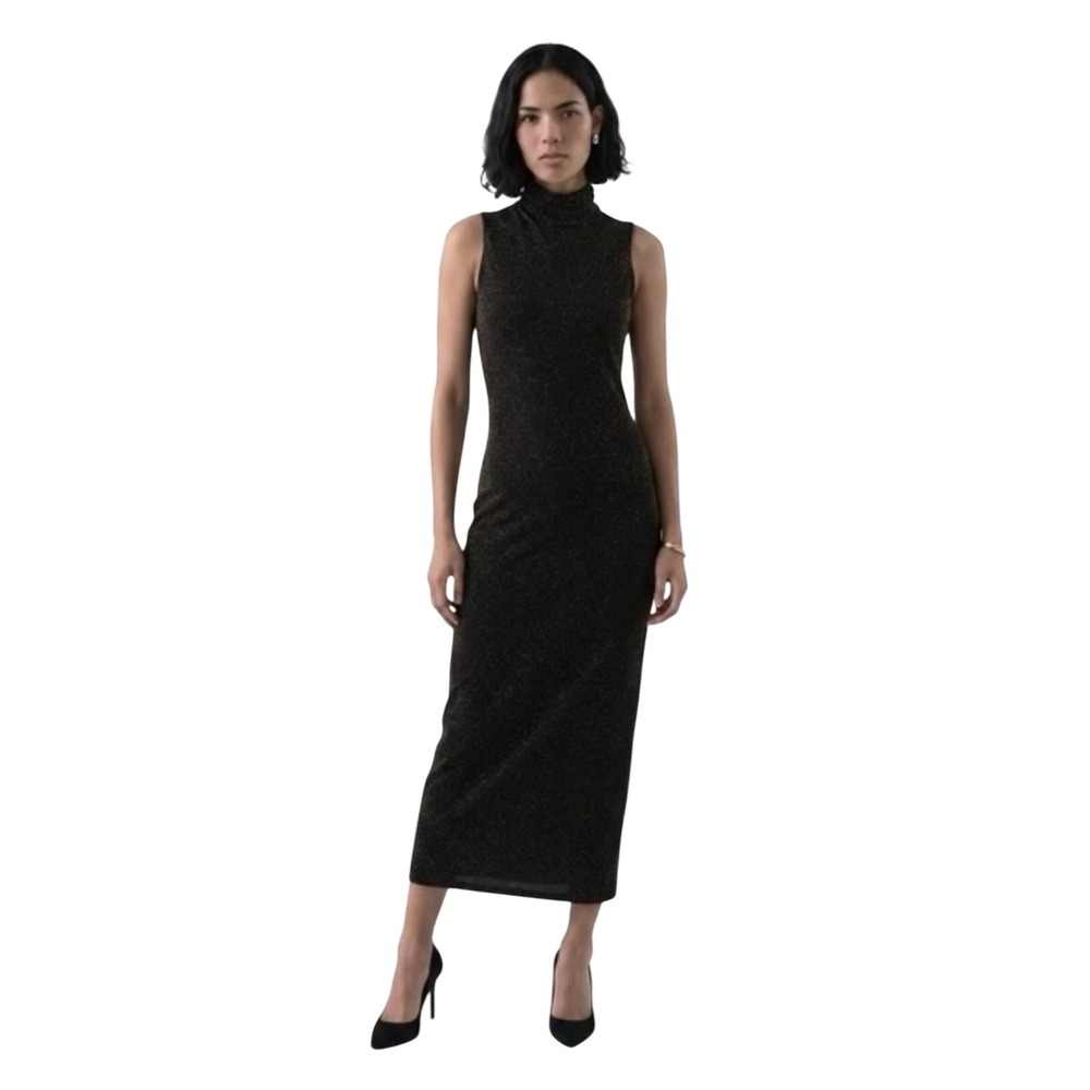 Black Gold Metallic Shimmer High Neck Sleeveless Maxi Column Dress Evening Gown